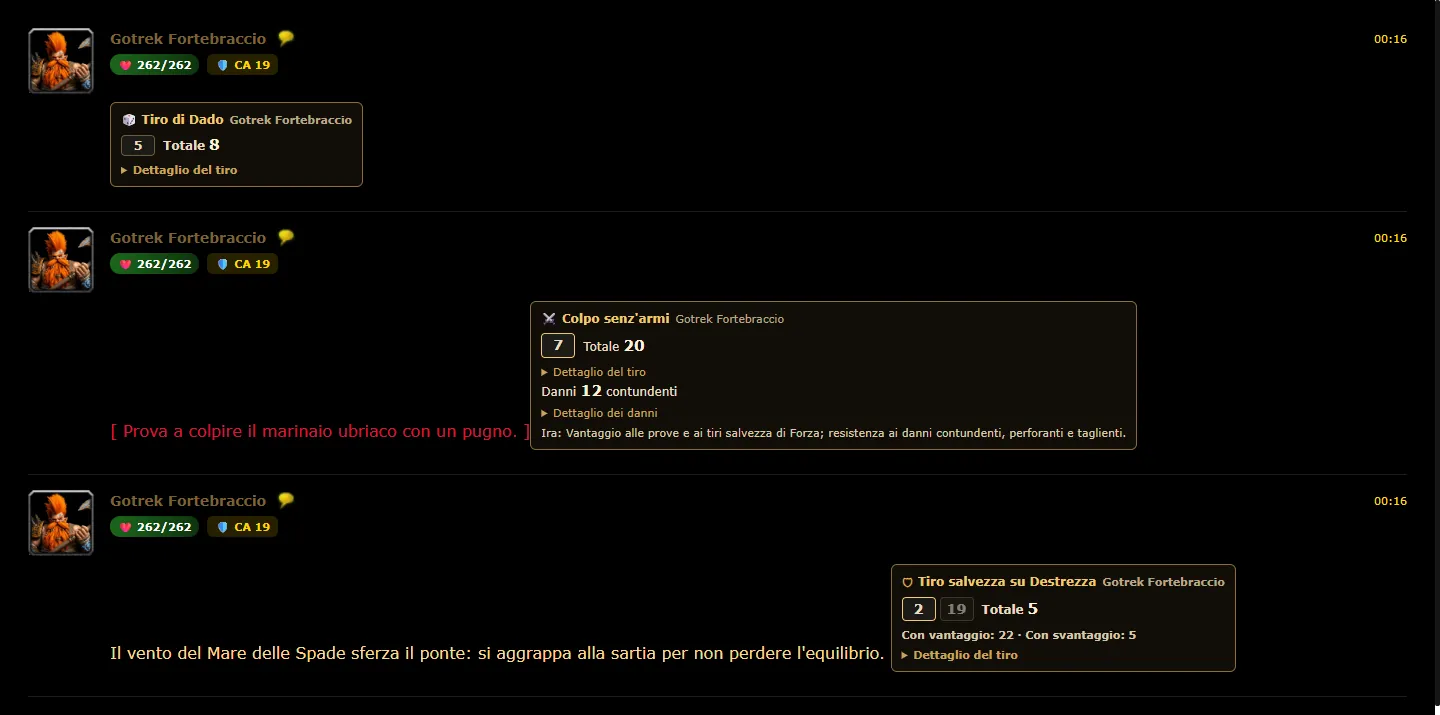 Tre card in chat: un Tiro di Dado 1d8+3, un attacco con il Colpo senz'armi con i danni e un tiro salvezza su Destrezza con i pulsanti Con vantaggio e Con svantaggio