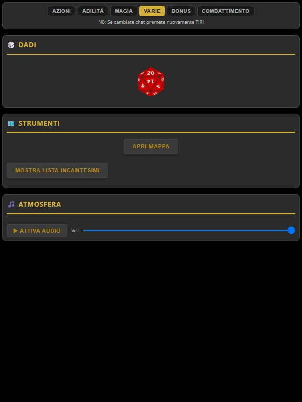Pannello del d20, tab Varie: dadi, Apri Mappa e la card Atmosfera con il volume