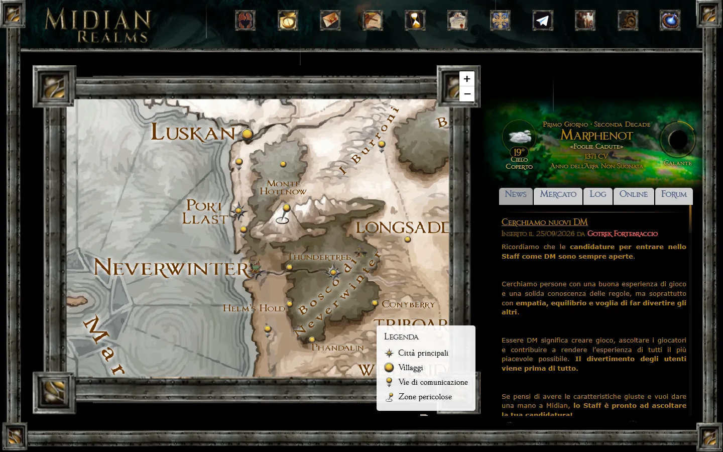 La home di Midian Realms dopo l'accesso: icone in alto, mappa della Costa della Spada al centro, riquadro del meteo e tab News, Mercato, Log, Online e Forum a destra