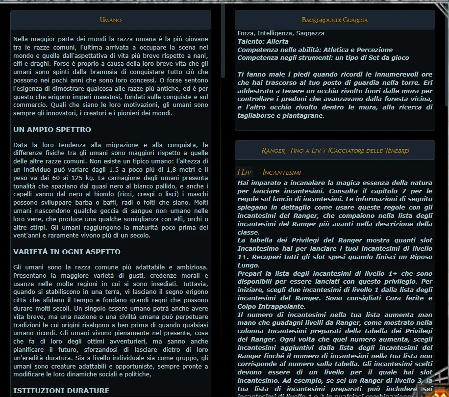 Voce Privilegi: elenco dei privilegi di razza, classe e sottoclasse con il dettaglio di quello selezionato