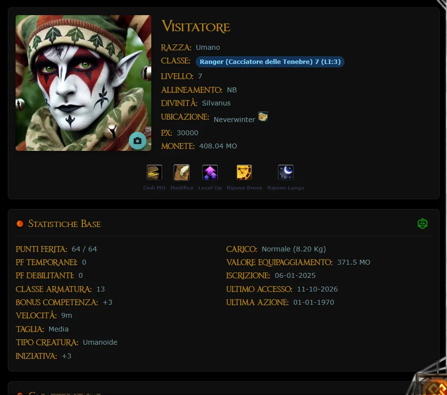 Voce Statistiche: in alto Modifica, Level Up e Riposi, poi le Statistiche Base